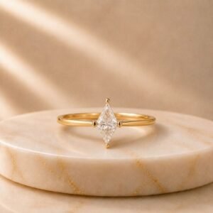 Luna Marquise Lab Grown Diamond Ring displayed from front view, side view, top view, and angled perspective featuring a brilliant marquise-cut lab grown diamond.