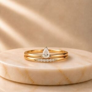 Harmony Pear Lab Grown Diamond Ring displayed from front view, side view, top view, and angled perspective featuring a brilliant pear-cut lab grown diamond.