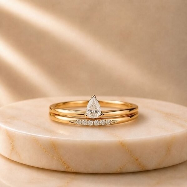 Harmony Pear Lab Grown Diamond Ring displayed from front view, side view, top view, and angled perspective featuring a brilliant pear-cut lab grown diamond.
