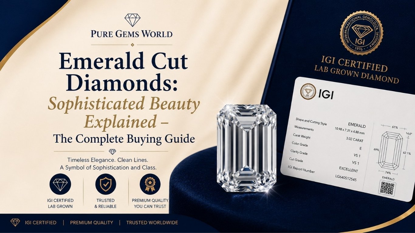 IGI Certified Emerald Cut Lab Grown Diamond with certification card by Pure Gems World. Premium emerald step-cut CVD diamond buying guide showcasing timeless elegance, clarity, and sophistication.