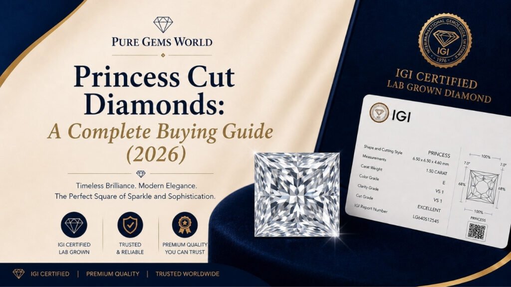 IGI Certified Princess Cut Lab Grown Diamond with certification card by Pure Gems World. Premium square brilliant CVD diamond buying guide for engagement rings and fine jewellery.