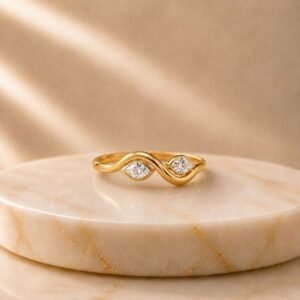 Infinity Duet Lab Grown Diamond Ring featuring an elegant infinity-inspired dual stone design displayed from front view, side view, top view, and angled perspective.