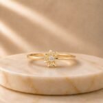 Golden Daisy Lab Grown Diamond Ring featuring a daisy-inspired floral design with a brilliant lab grown diamond displayed from front view, side view, top view, and angled perspective.