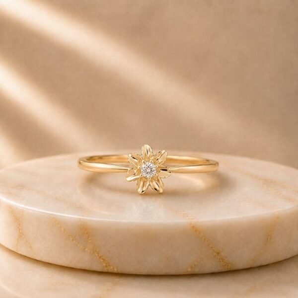 Golden Daisy Lab Grown Diamond Ring featuring a daisy-inspired floral design with a brilliant lab grown diamond displayed from front view, side view, top view, and angled perspective.