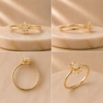 Golden Daisy Lab Grown Diamond Ring featuring a daisy-inspired floral design with a brilliant lab grown diamond displayed from front view, side view, top view, and angled perspective.