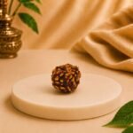 Certified Nepali origin single 3 Mukhi Rudraksha bead displayed on a white marble platform with a traditional spiritual background.