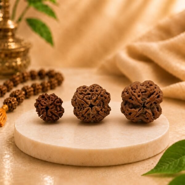 Collection of three Natural 4 Mukhi Rudraksha beads in different sizes displayed on a premium marble platform with a luxury spiritual background.