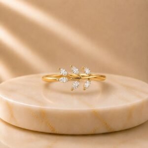 Celeste Laurel Lab Grown Diamond Ring displayed from front view, side view, top view, and angled perspective showcasing the elegant laurel leaf-inspired design with brilliant lab grown diamonds.