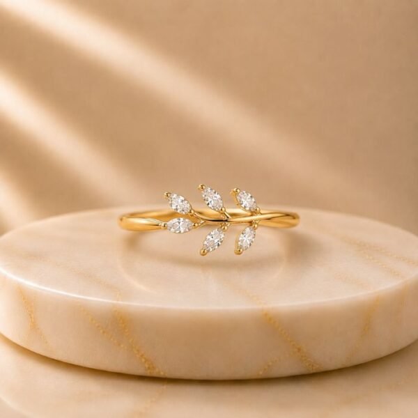 Celeste Laurel Lab Grown Diamond Ring displayed from front view, side view, top view, and angled perspective showcasing the elegant laurel leaf-inspired design with brilliant lab grown diamonds.