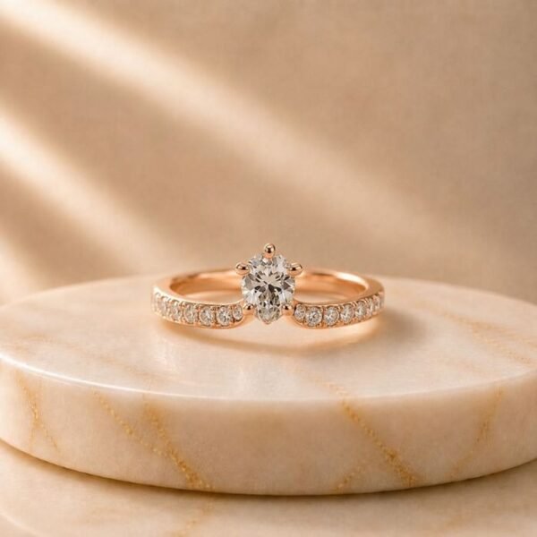Lumina Oval Lab Grown Diamond Ring displayed from front view, side view, top view, and angled perspective showcasing the brilliant oval-cut lab grown diamond and elegant craftsmanship.