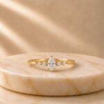 Seraphina Marquise Lab Grown Diamond Ring showing front view, side view, top view and angled perspective with brilliant marquise cut diamond.