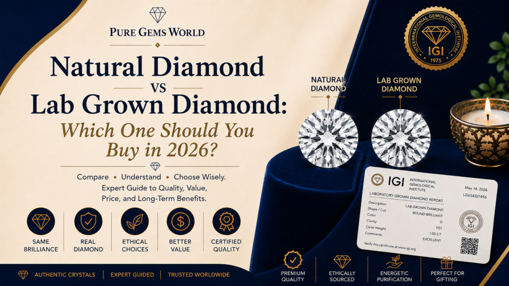 Natural Diamond vs Lab Grown Diamond comparison guide showing certified diamonds and key buying factors for 2026