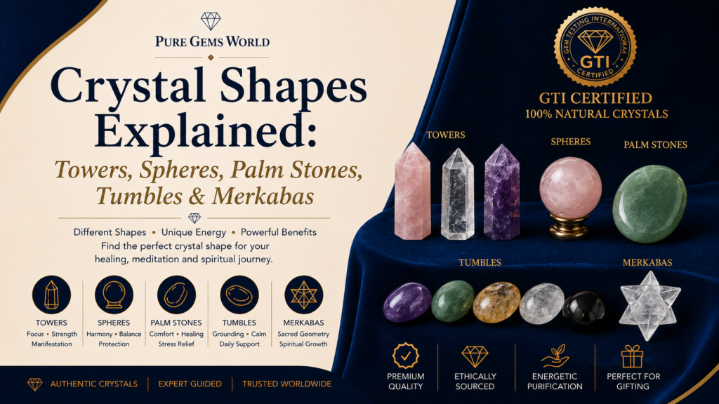 Crystal Shapes Explained featuring crystal towers, crystal spheres, palm stones, tumble stones and merkaba crystals guid