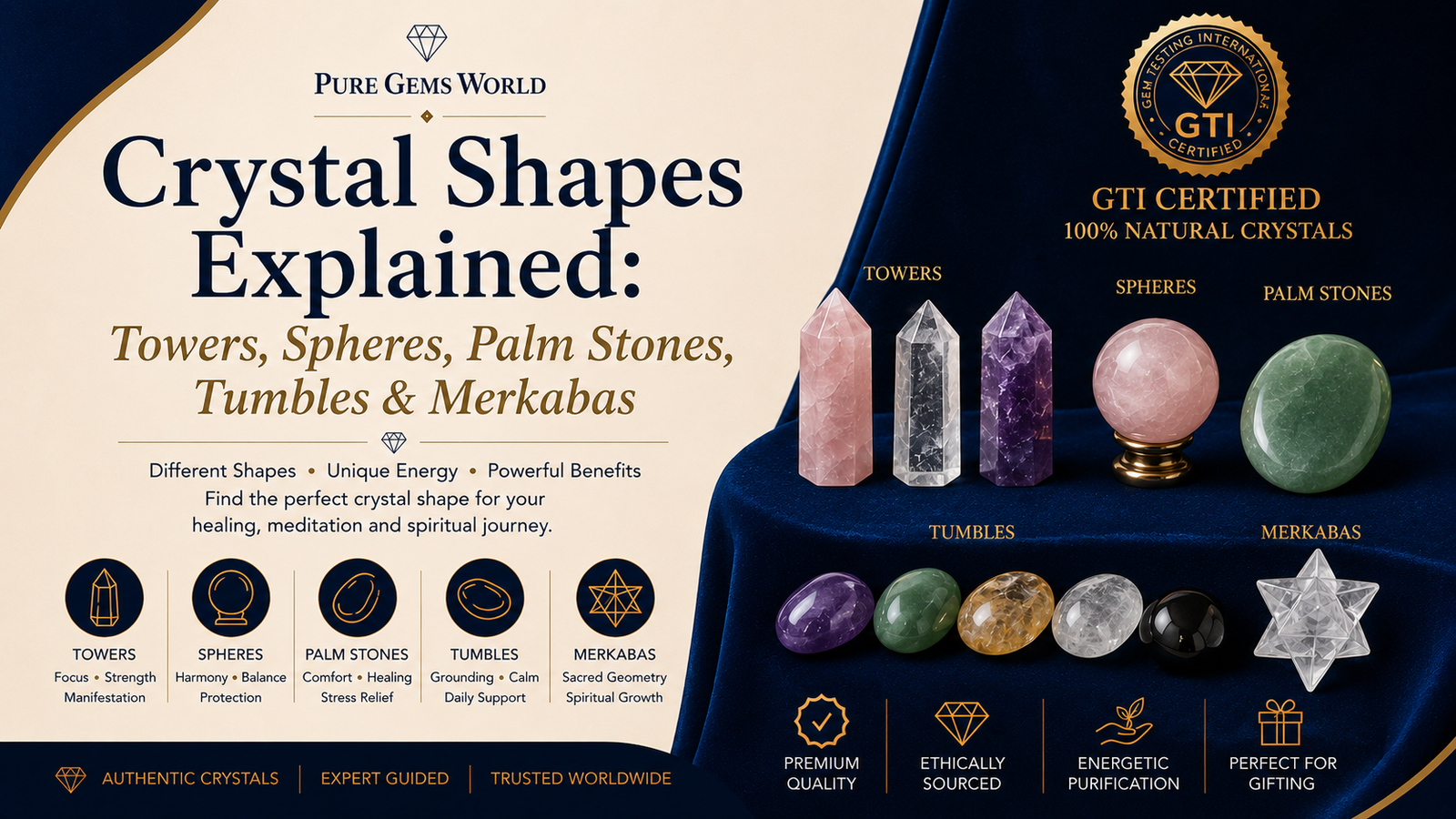 Crystal Shapes Explained featuring crystal towers, crystal spheres, palm stones, tumble stones and merkaba crystals guid