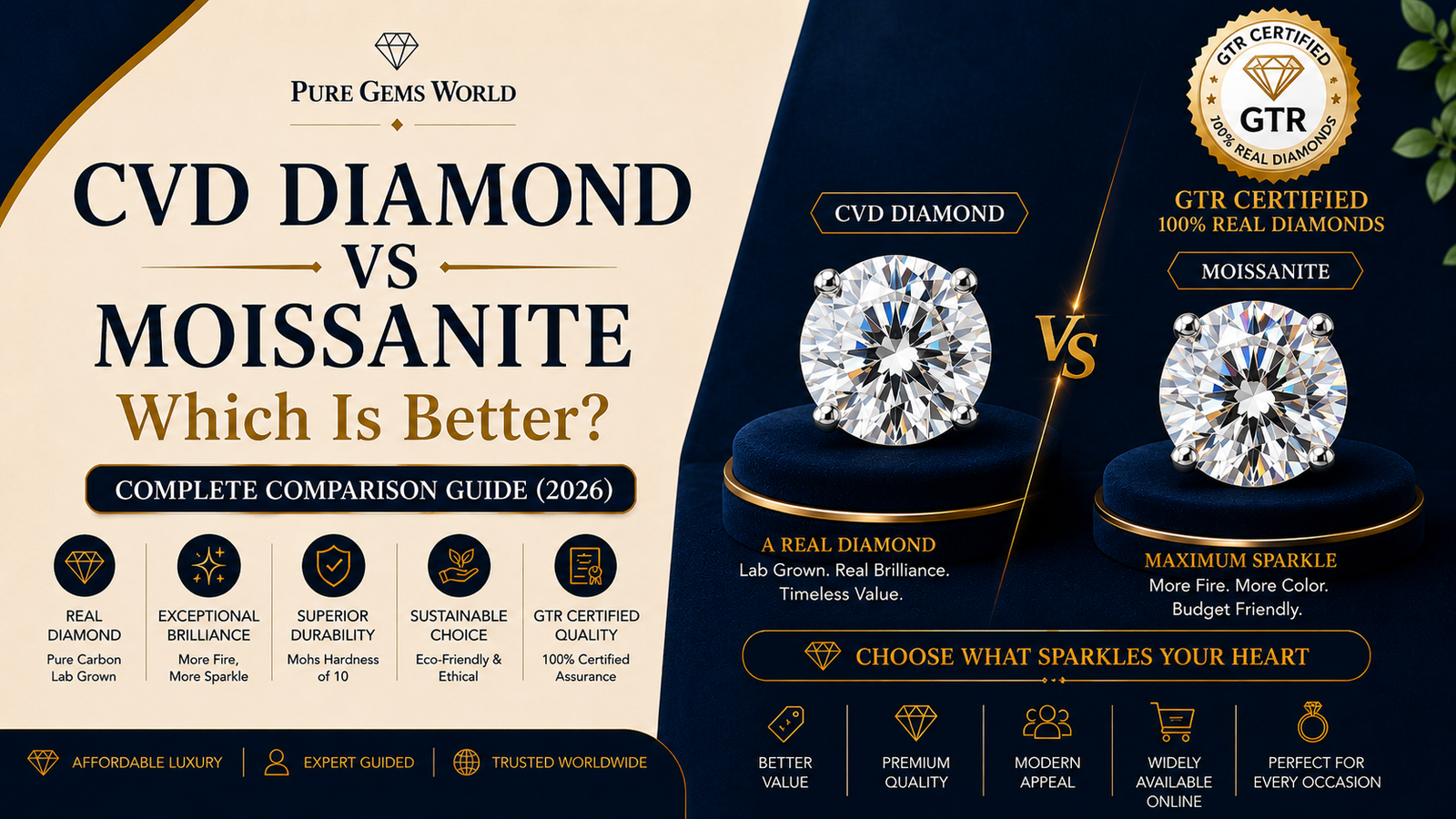 CVD Diamond vs Moissanite side-by-side comparison showing sparkle, brilliance, durability, certification, and value in a complete buying guide.