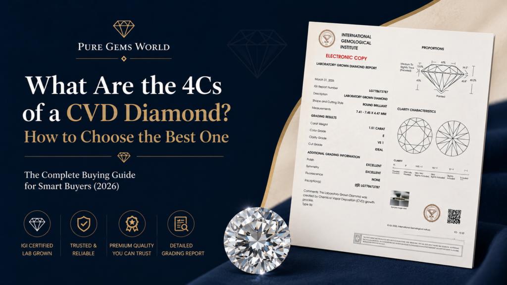 CVD diamond 4Cs buying guide featuring a round brilliant lab-grown diamond and an IGI grading report in a luxury navy and gold design.