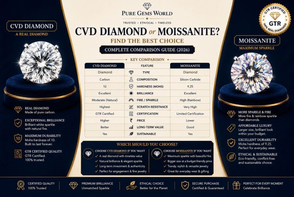CVD Diamond vs Moissanite side-by-side comparison showing sparkle, brilliance, durability, certification, and value in a complete buying guide.