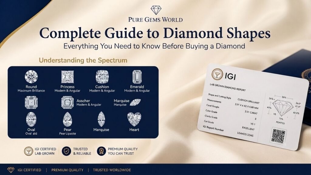 Complete Guide to Diamond Shapes featuring Round, Princess, Cushion, Emerald, Oval, Asscher, Pear, Marquise, and Heart shaped IGI Certified Lab Grown Diamonds by Pure Gems World.