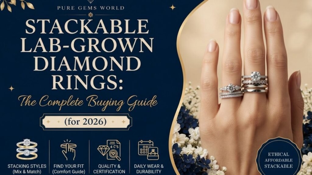Elegant stackable lab-grown diamond rings for women featuring IGI-certified diamond bands and solitaire rings from Pure Gems World.