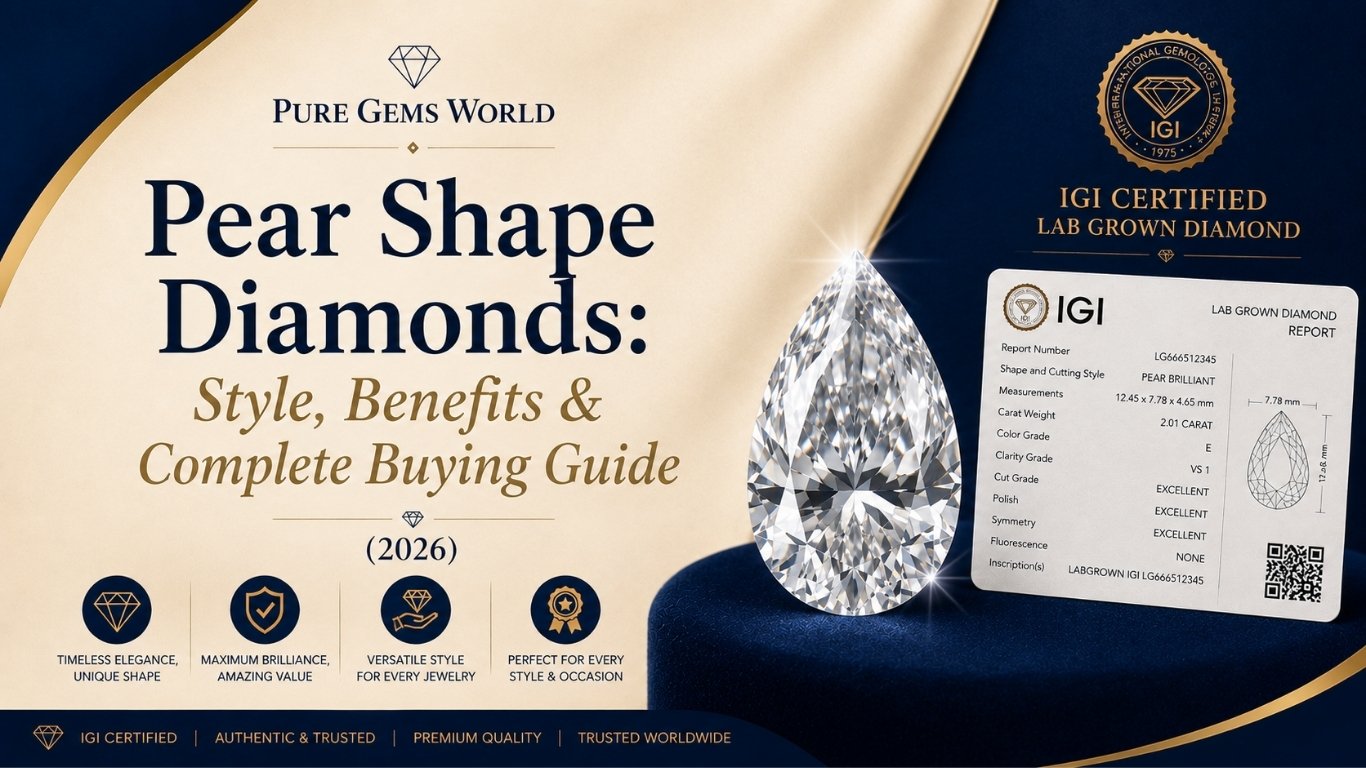 Pear Shape Lab Grown Diamond Buying Guide 2026 featuring an IGI Certified pear cut diamond and certification card by Pure Gems World.