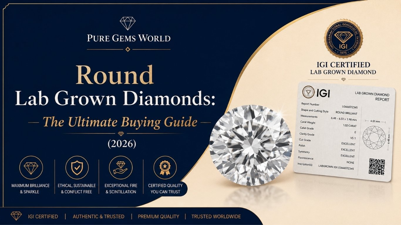 IGI Certified Round Lab Grown Diamond featured in the Round Lab Grown Diamonds: The Ultimate Buying Guide (2026) by Pure Gems World, showcasing exceptional brilliance, ethical sourcing, and premium quality.