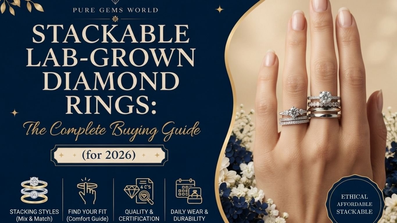 Elegant stackable lab-grown diamond rings for women featuring IGI-certified diamond bands and solitaire rings from Pure Gems World.