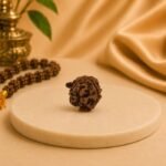 Natural Ganesh Mukhi Rudraksha bead displayed on a beige pedestal with traditional prayer beads