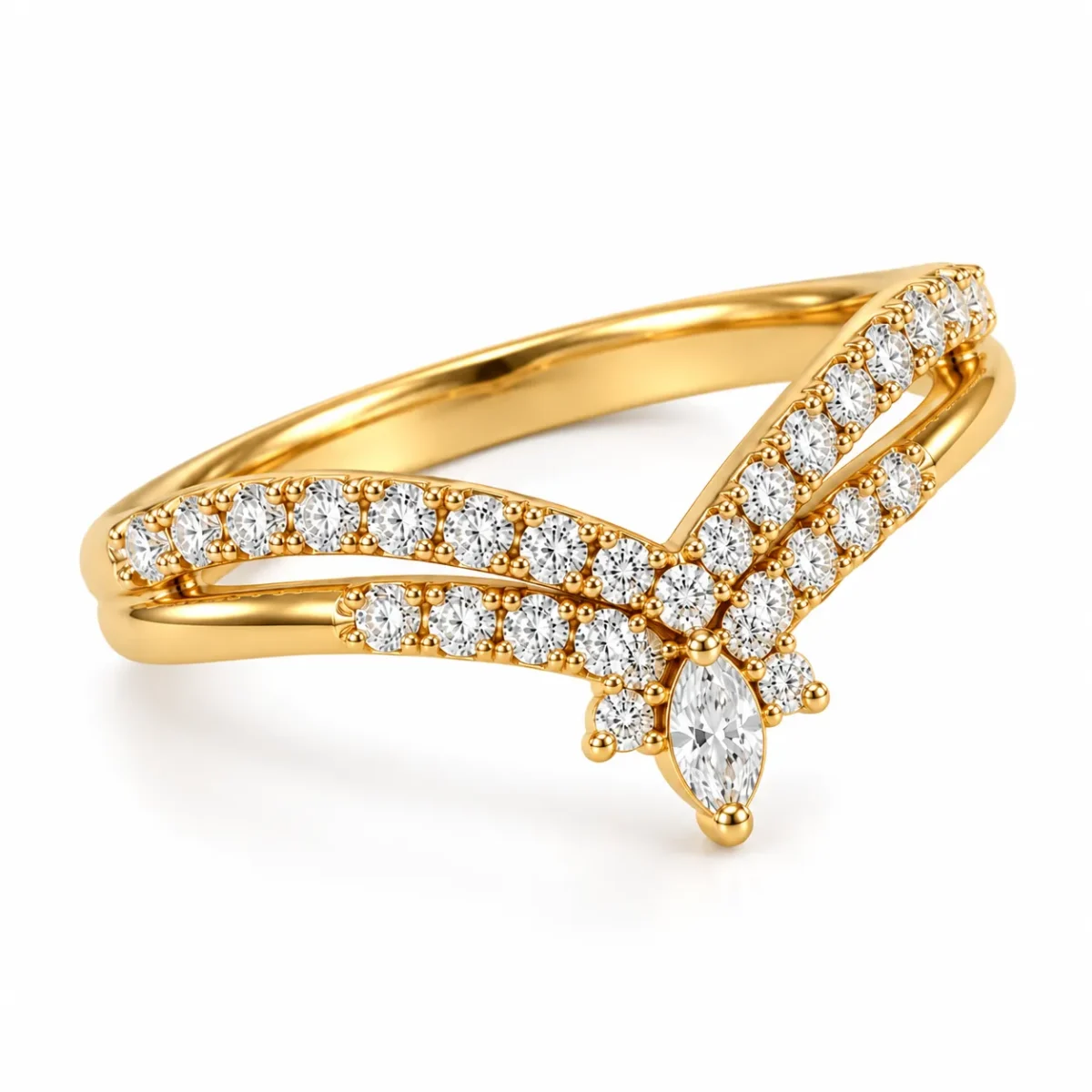 Marquise Center Lab Grown Diamond Pavé Chevron Ring | 18K Gold Ring - Image 2