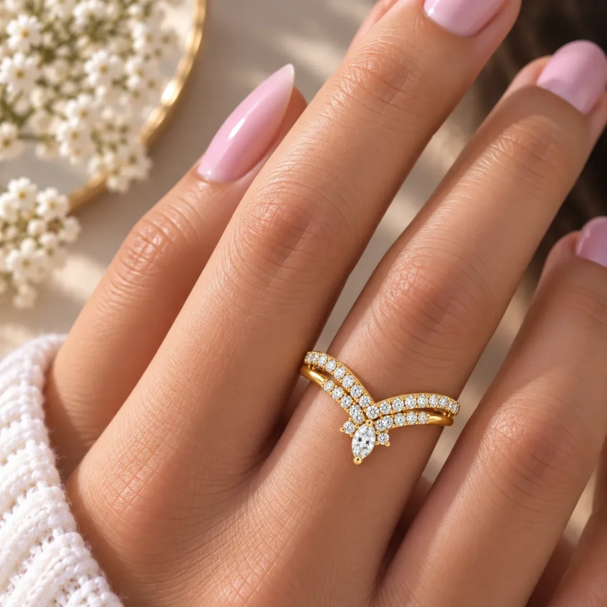 Marquise Center Lab Grown Diamond Pavé Chevron Ring | 18K Gold Ring - Image 4