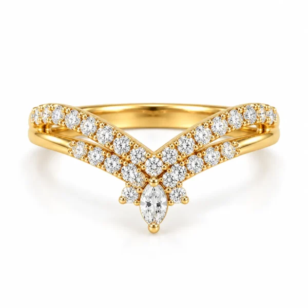 Marquise Center Lab Grown Diamond Pavé Chevron Ring featuring a marquise-shaped center diamond with sparkling pavé accents in a V-chevron design.