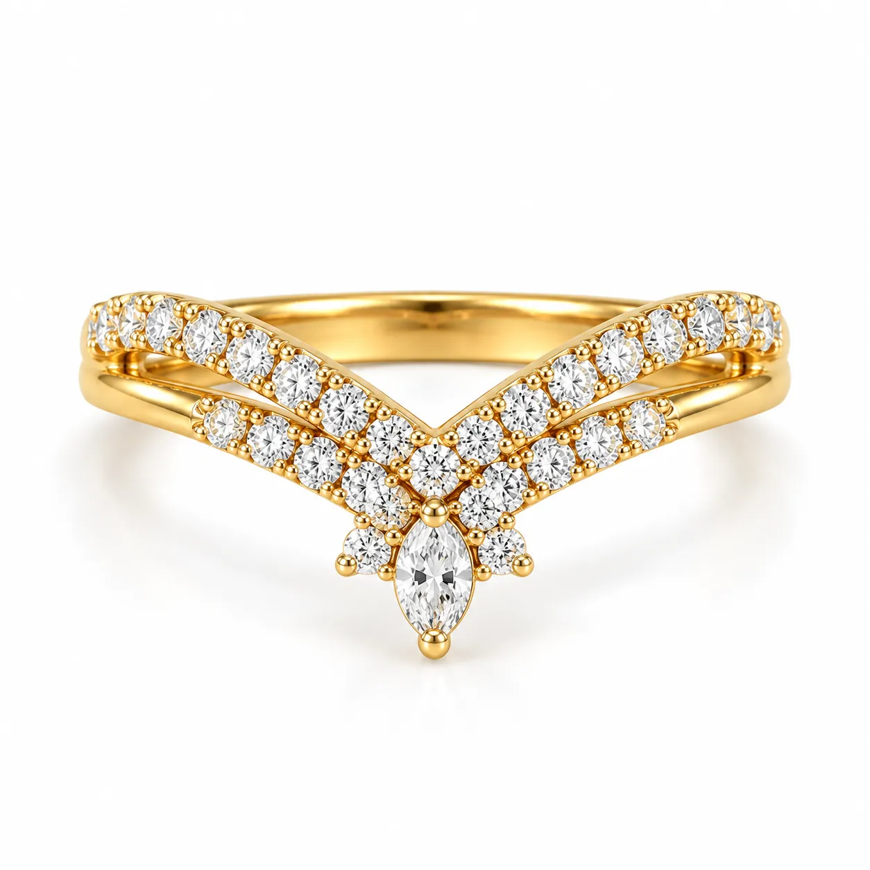 Marquise Center Lab Grown Diamond Pavé Chevron Ring (4) Marquise Center Lab Grown Diamond Pavé Chevron Ring featuring a marquise-shaped center diamond with sparkling pavé accents in a V-chevron design.