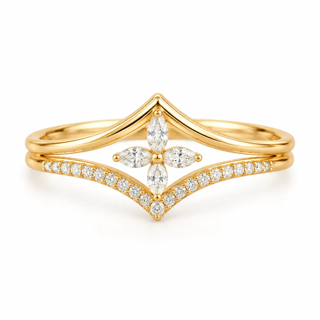 Marquise Flower Lab Grown Diamond Ring Chevron Band In 18K (1) Marquise Flower Lab Grown Diamond Ring featuring marquise-shaped diamonds arranged in an elegant floral-inspired design.
