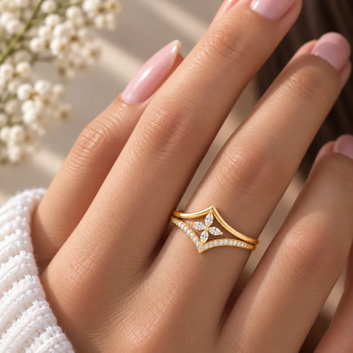 Marquise Flower Lab Grown Diamond Ring | Chevron Band In 18K - Image 4