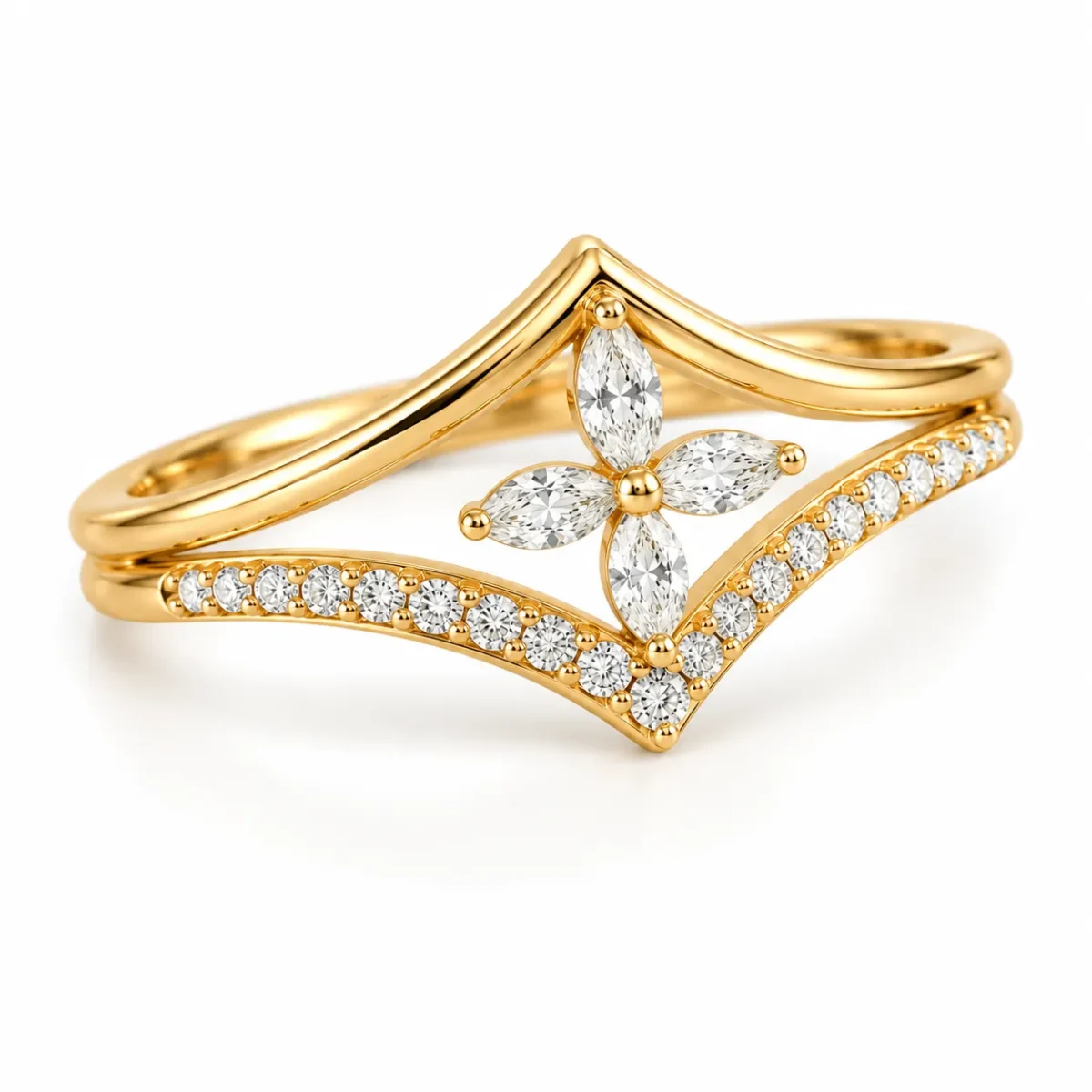 Marquise Flower Lab Grown Diamond Ring | Chevron Band In 18K - Image 2