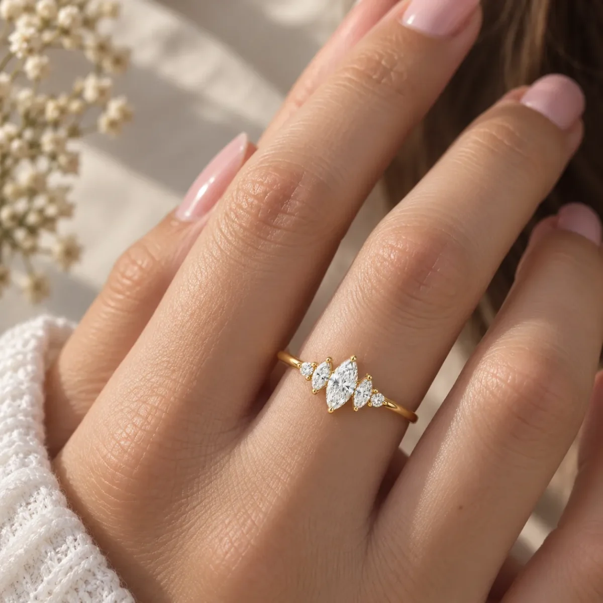 Marquise Lab Grown Diamond Ring with Round Accents | 18K Gold Ring - Image 4
