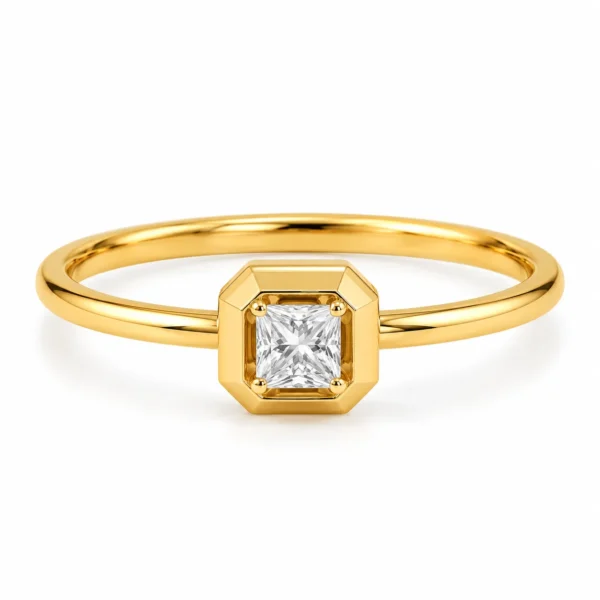 Modern Princess Cut Lab Grown Diamond Ring featuring an elegant 18K gold geometric octagon setting.