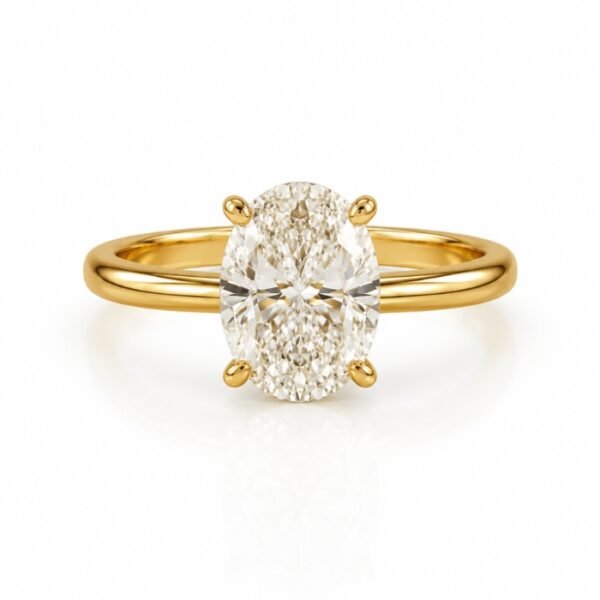 Elegant solitaire oval shape lab grown diamond ring in yellow gold featuring ideal for engagement, promise, anniversary, and everyday wear.