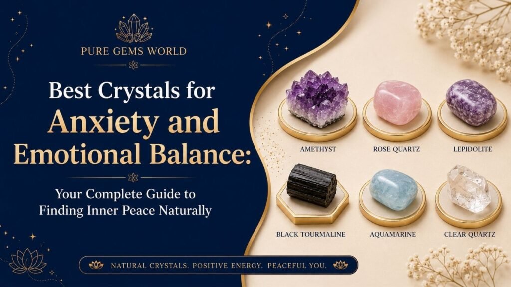 Best Crystals for Anxiety and Emotional Balance including Amethyst, Rose Quartz, Lepidolite, Black Tourmaline, Aquamarine, and Clear Quartz by Pure Gems World
