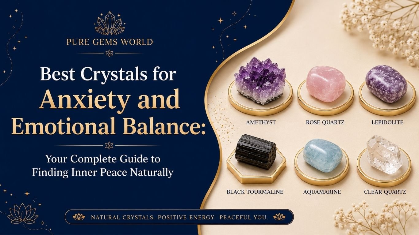 Best Crystals for Anxiety and Emotional Balance including Amethyst, Rose Quartz, Lepidolite, Black Tourmaline, Aquamarine, and Clear Quartz by Pure Gems World