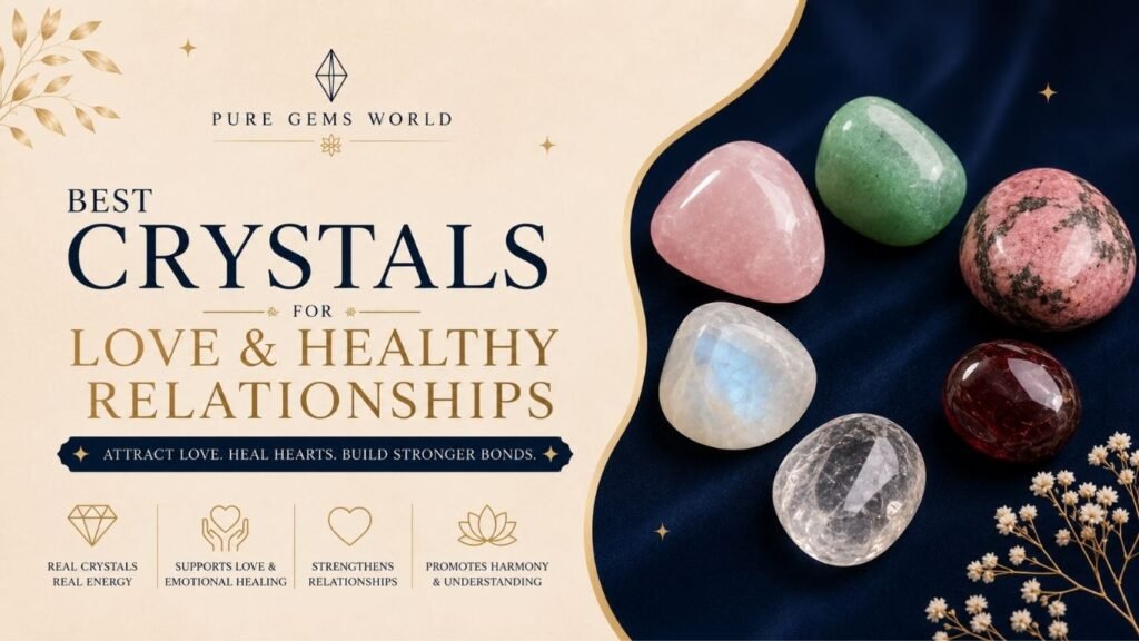 Beautiful collection of rose quartz, green aventurine, rhodonite, moonstone, garnet, and clear quartz crystals on a cream and dark blue background for love and relationship healing.
