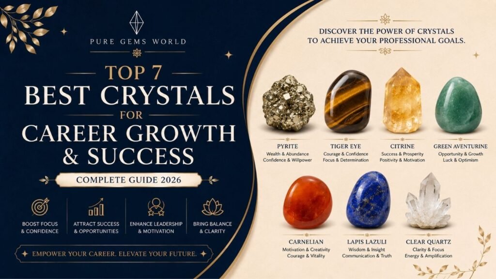 Infographic featuring the top 7 crystals for career growth and success in 2026, including Pyrite, Tiger Eye, Citrine, Green Aventurine, Carnelian, Lapis Lazuli, and Clear Quartz in an elegant navy blue and cream design.