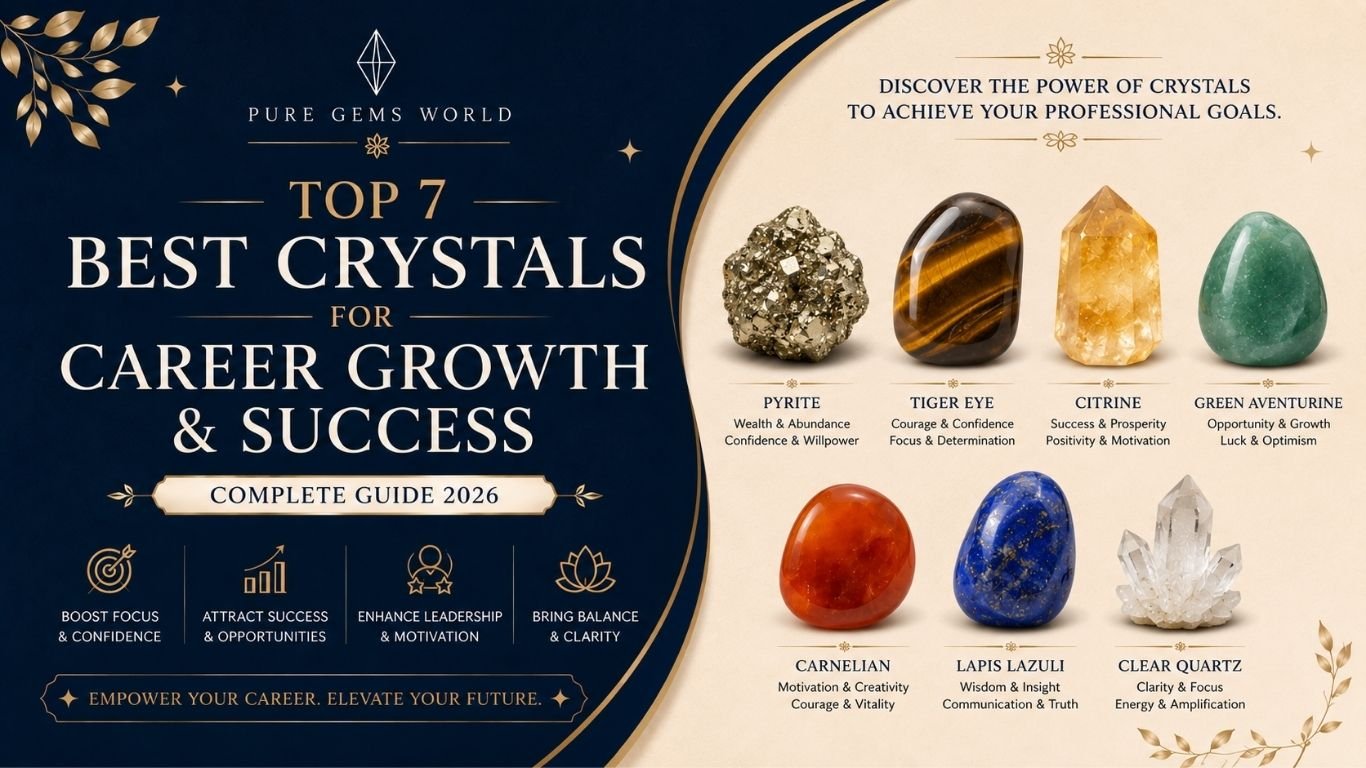 Infographic featuring the top 7 crystals for career growth and success in 2026, including Pyrite, Tiger Eye, Citrine, Green Aventurine, Carnelian, Lapis Lazuli, and Clear Quartz in an elegant navy blue and cream design.