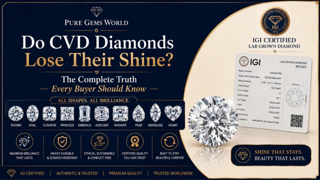 Do CVD Diamonds Lose Their Shine? IGI Certified CVD Diamond guide by Pure Gems World showcasing diamond brilliance, certification, and popular diamond shapes.