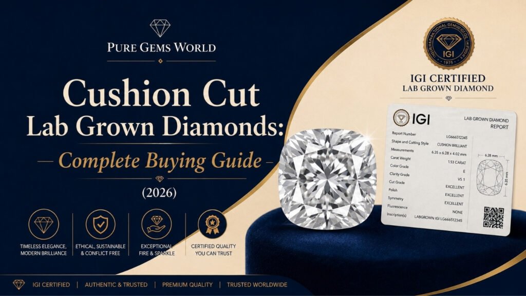 IGI Certified Cushion Cut Lab Grown Diamond with certification report featured in the Complete Buying Guide 2026 by Pure Gems World.