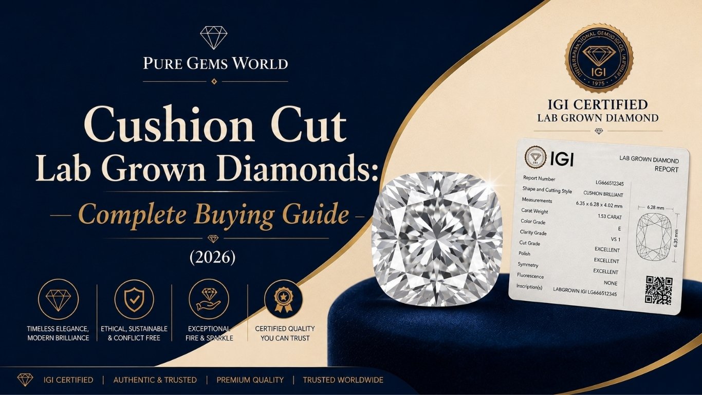 IGI Certified Cushion Cut Lab Grown Diamond with certification report featured in the Complete Buying Guide 2026 by Pure Gems World.