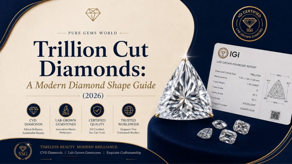 IGI Certified Trillion Cut Lab Grown Diamond with certificate featured in the Trillion Cut Diamonds: A Modern Diamond Shape Guide (2026) by Pure Gems World.