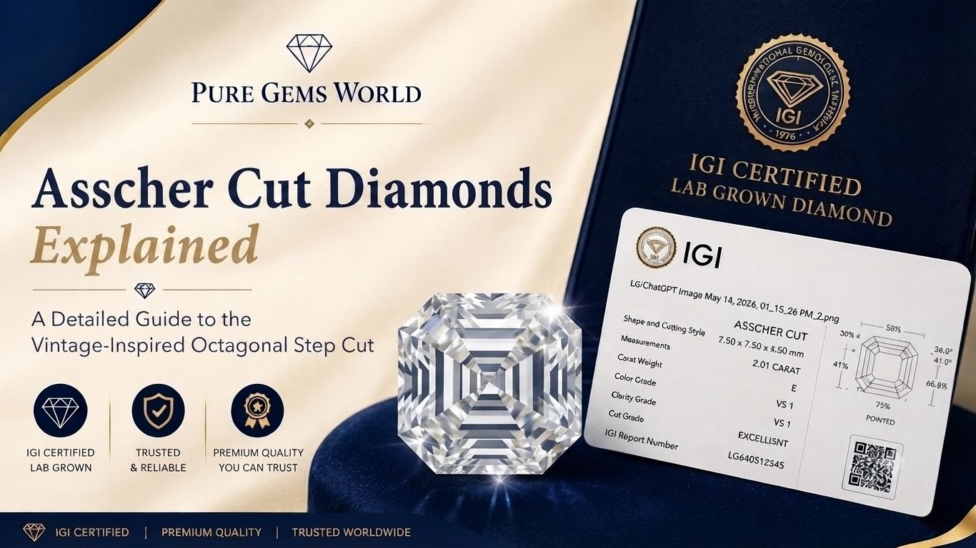 Asscher cut IGI certified lab-grown diamond with grading certificate and detailed guide by Pure Gems World.