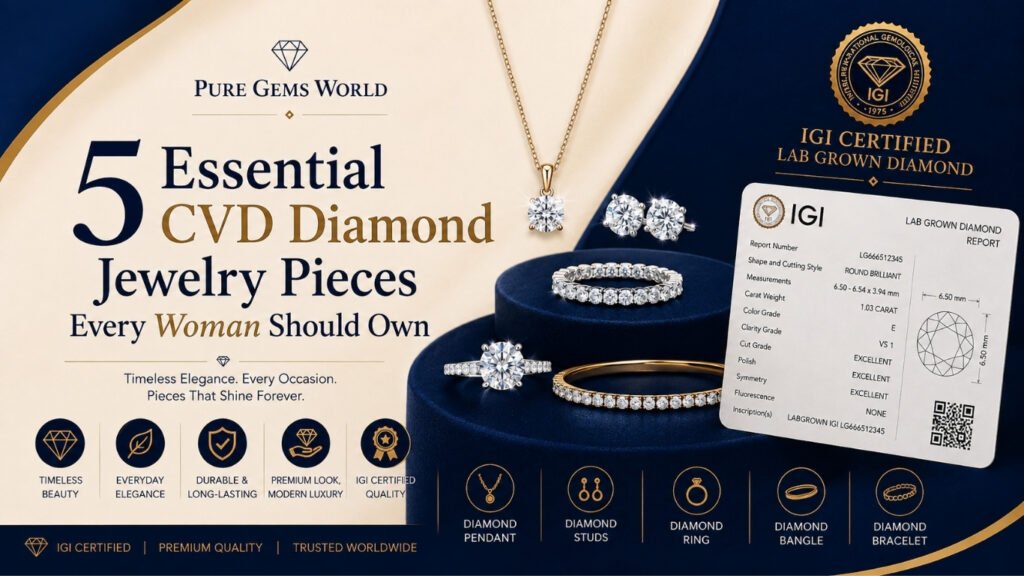 5 Essential CVD Diamond Jewelry Pieces Every Woman Should Own featuring an IGI Certified lab grown diamond pendant, stud earrings, ring, bangle, and bracelet from Pure Gems World.
