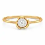 Aurora petal diamond ring in 14K yellow gold with round cut diamond halo, front and angled views on white background