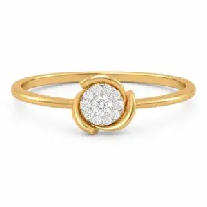 Aurora petal diamond ring in 14K yellow gold with round cut diamond halo, front and angled views on white background